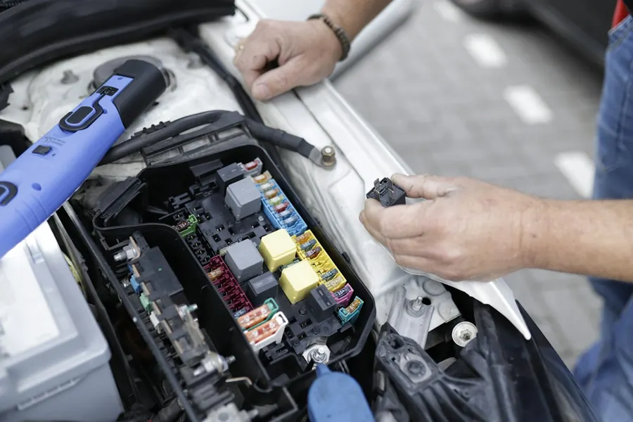 Technician checking the fuse box with a diagnostic tool